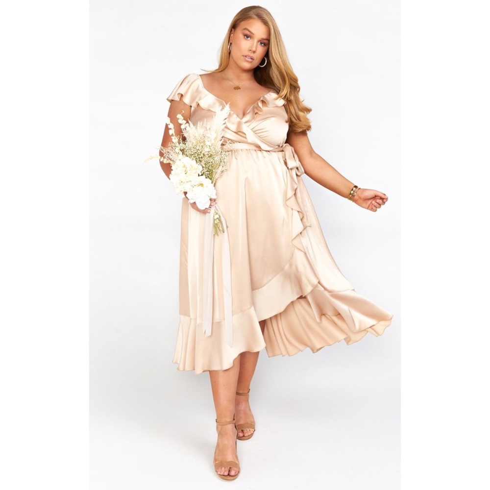 Show Me Your Mumu Samantha Ruffle Wrap Dress in Champagne Luxe Satin, L and 2XL